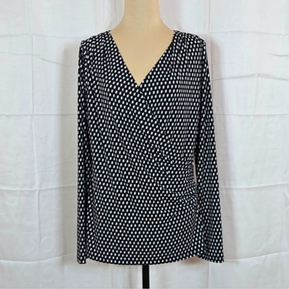 Ann Taylor‎ Womens L Black White Geometric Faux Wrap Long Sleeve Top